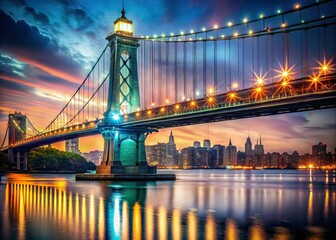 Obraz premium Washington Bridge Lighthouse Double Exposure AI Art, NYC Skyline, Surreal Photography, Night, Lights