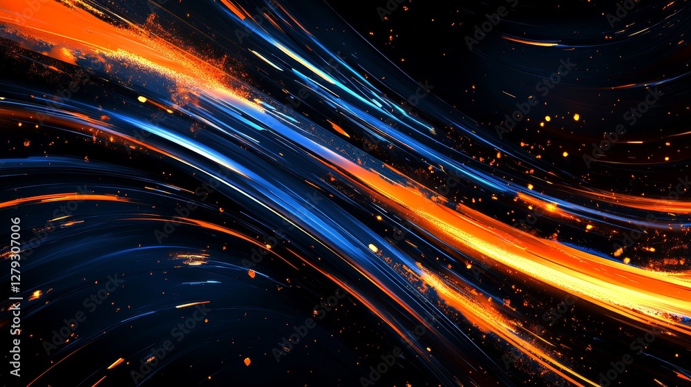 Poster colorful light trails create a dynamic visual effect, representing digital data streaming through sp