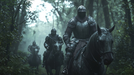 Fototapeta premium Fantasy medieval with knights riding through a dense enchanted forest