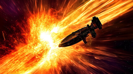 A spaceship flying through a solar storm, surrounded by intense radiation waves and glowing plasma ejections from the sun 
