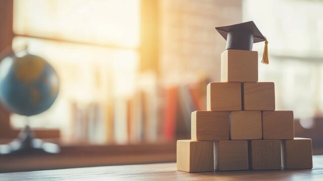 Graduation Achievement: Symbolic Wooden Block Pyramid with Graduation Cap
