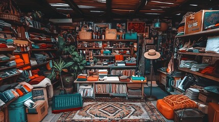 Eclectic Retail Shop Interior Featuring Clothes Textiles and Art with Warm Lighting and Rug