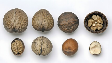 Composition of Brown Walnuts in Various States on a White Background in Studio Lighting