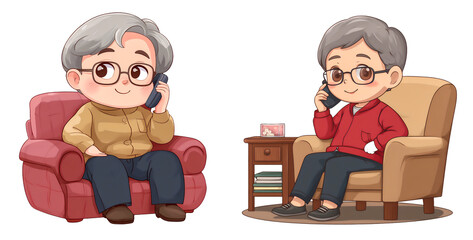Grandfather characters using cell phone on armchair: cutout illustration on transparent background