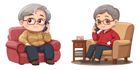 Grandfather characters using cell phone on armchair: cutout illustration on transparent background