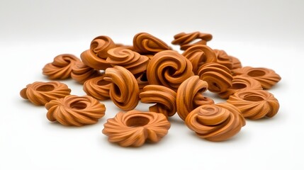Pile of Brown Spiral Shaped Candies Against A White Background Illuminated by Soft Lighting
