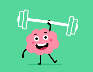 Vector cartoon illustration of strong and energy happy brain character lift weight easy on color background. Flat line doodle style design of smile healthy brain exercise with barbell