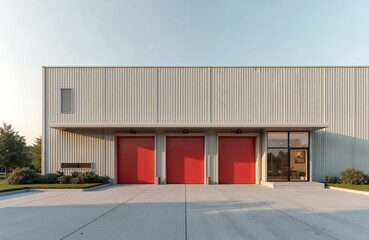 Exterior of modern warehouse with small office unit. Metal industrial building with red doors, loading docks. Commercial distribution storage building with metal facade and entrance door. Blue sky.
