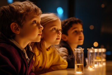Curious children observing science experiment with test tubes in warm light