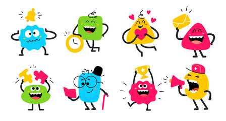 Vector set of cartoon illustration of cute happy smile abstract kid character with heart, puzzle, winner cup and megaphone. Flat style child doodle design of different geometric character set