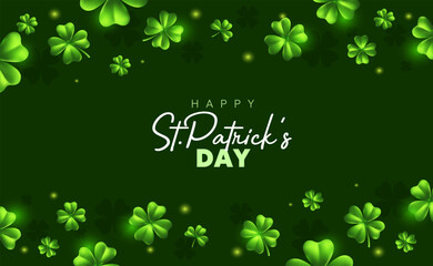 Vector illustration of green clover border with happy saint patricks day word on green background. 3d style design of decorative clover pattern with word for st patrick day celebration banner