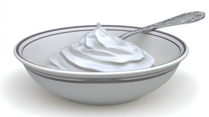 Close up of White Ceramic Bowl of Whipped Cream with Silver Spoon on White