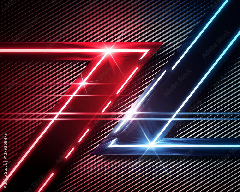 Poster abstract image of intersecting red and blue neon light lines creating geometric shapes, set against 