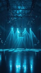 Empty Basketball Court Under Blue Stage Lights