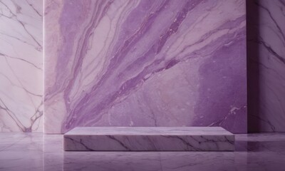 (Stand made of marble slab on the wall background. Product stand and podium for display. lavender colors