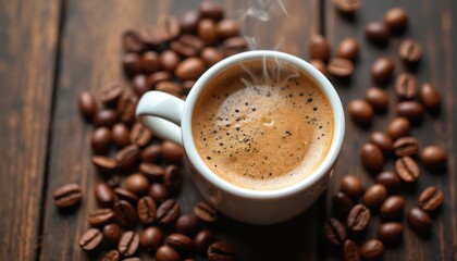 Obraz premium Steaming cup of coffee on wooden surface surrounded by coffee beans. Hot beverage with caffeine aroma on dark rustic background. Fresh espresso in white cup. Cosy morning comfort. Energy boost.