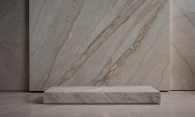 Stand made of marble slab on the wall background. Product stand and podium for display. pearl colors