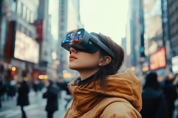 Young caucasian female experiencing virtual reality in urban cityscape