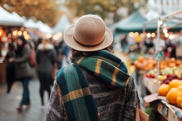 Obraz premium Woman enjoying autumn market day: shopping, fashion, and seasonal produce