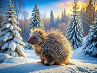 Obraz premium Winter Porcupine Panoramic Landscape AI Photo