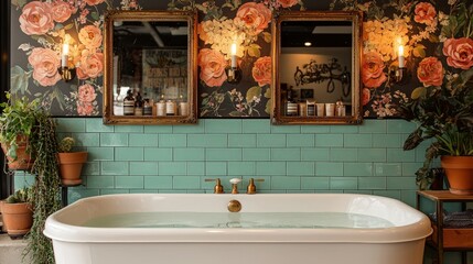 Stylish vintage bathtub in a floral wallpaper bathroom; relaxation, spa; interior design inspiration
