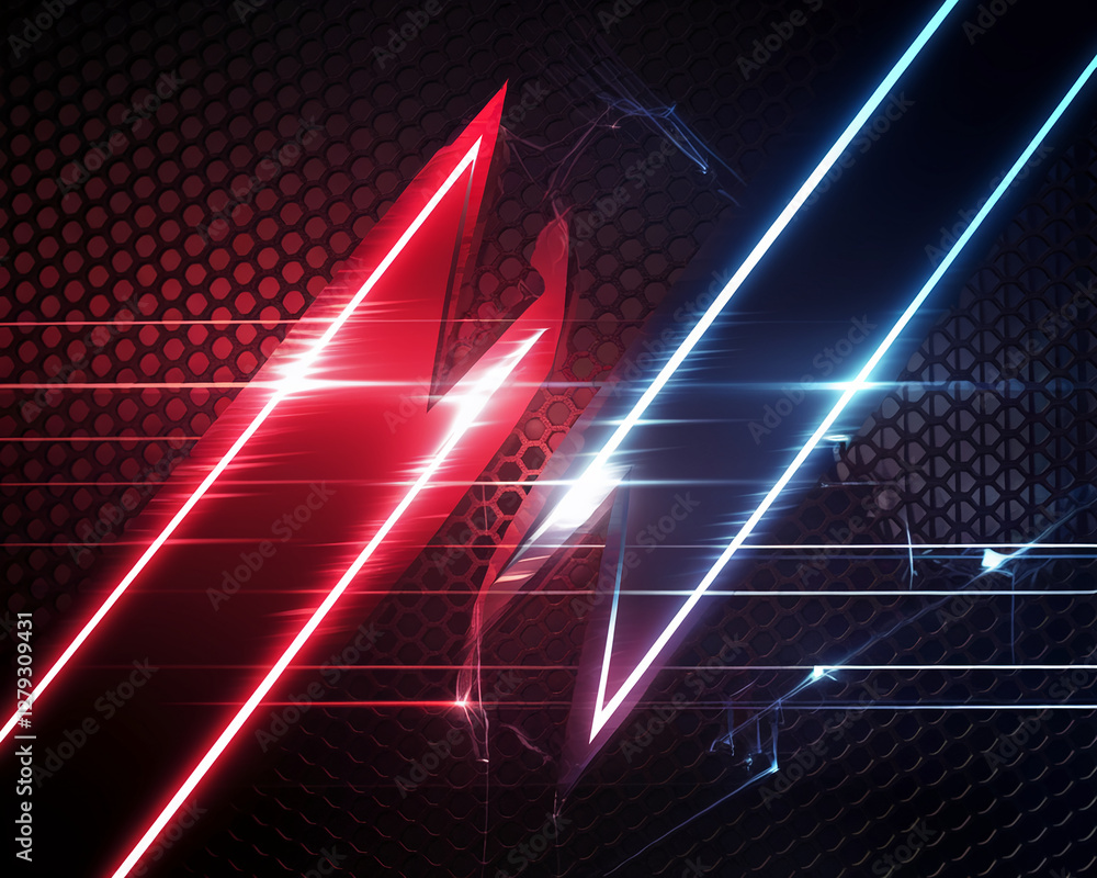 Aufkleber close-up of intersecting red and blue neon light beams creating sharp angular patterns on a dark per
