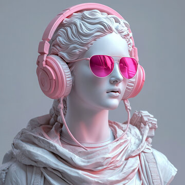 A white marble-style classical statue dressed in modern pink headphones and reflective sunglasses, blending ancient art with contemporary fashion and technology