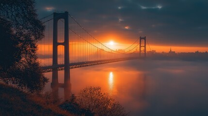 Obraz premium Sunrise over a bridge, fog on river, city skyline, tranquil scene, scenic view