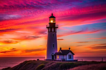 Yaquina Head Lighthouse Silhouette Dusk Pink Sky AI Photo