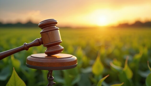 Agribusiness compliance services in sunset light. Wooden gavel on blurred farm field. Regulations adherence, legal advice in agriculture industry. Regulatory compliance, environmental standards for