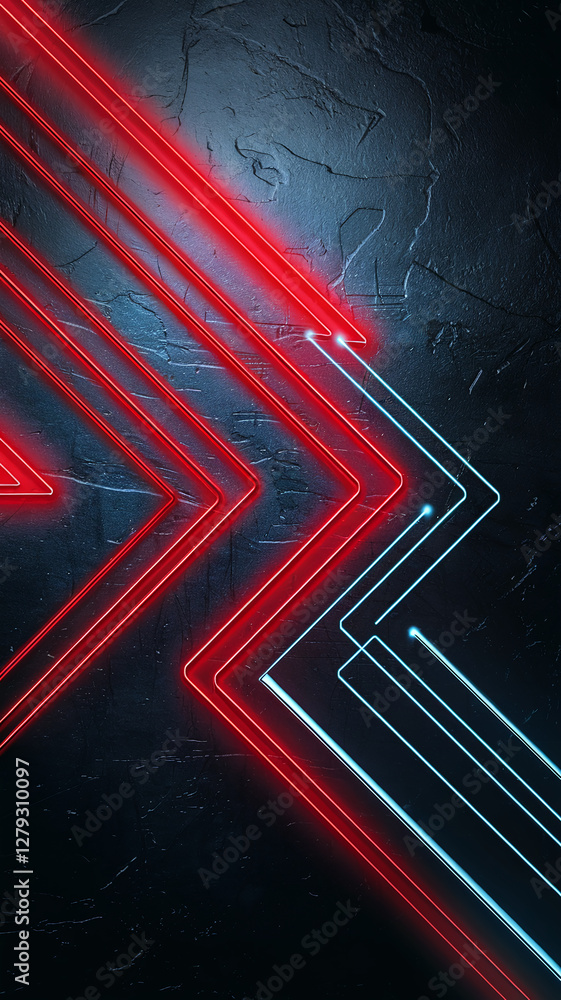 Poster neon glowing red and blue lines forming sharp angles on a dark cracked background, creating a high-t