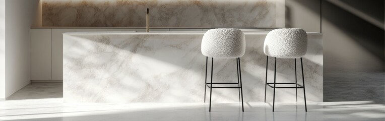 Elegant kitchen design featuring boucle bar stools and marble island