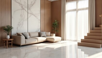 Fototapeta premium Bright living room showcases beige corner sofa, wooden stairway in sunlight, sheer curtain, potted plant. White marble floor tile merges with brown wall hall. Interior design background.