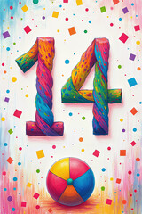 Obraz premium A vibrant 14th birthday celebration scene featuring a multicolored beach ball and confetti on a pastel background.