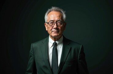 Fototapeta premium Close-up portrait of elderly asian businessman in suit, eyewear standing at dark isolated studio background. Mature confident executive, lawyer with wrinkles, grey hair, corporate manager with copy