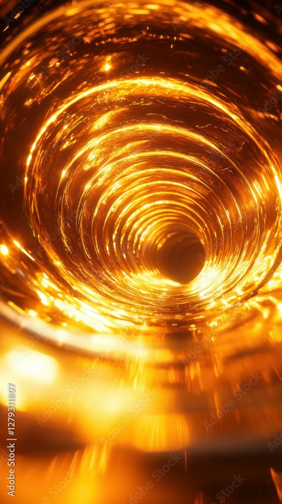 Poster captivating view of a swirling golden vortex showcasing mesmerizing light patterns and depth in a cr