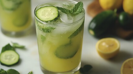 A refreshing cucumber and mint lemonade served in a tall glass