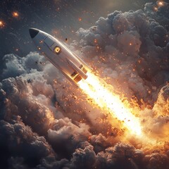 Obraz premium Rocket Launching Through Explosive Clouds at Dusk