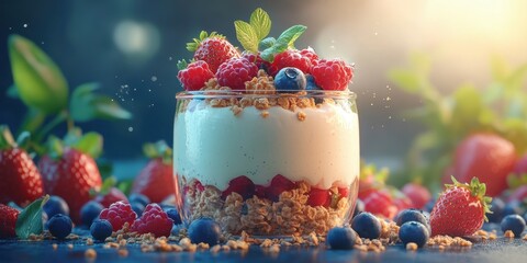 Fresh fruit and yogurt parfait with granola presented in a clear glass jar on a rustic surface