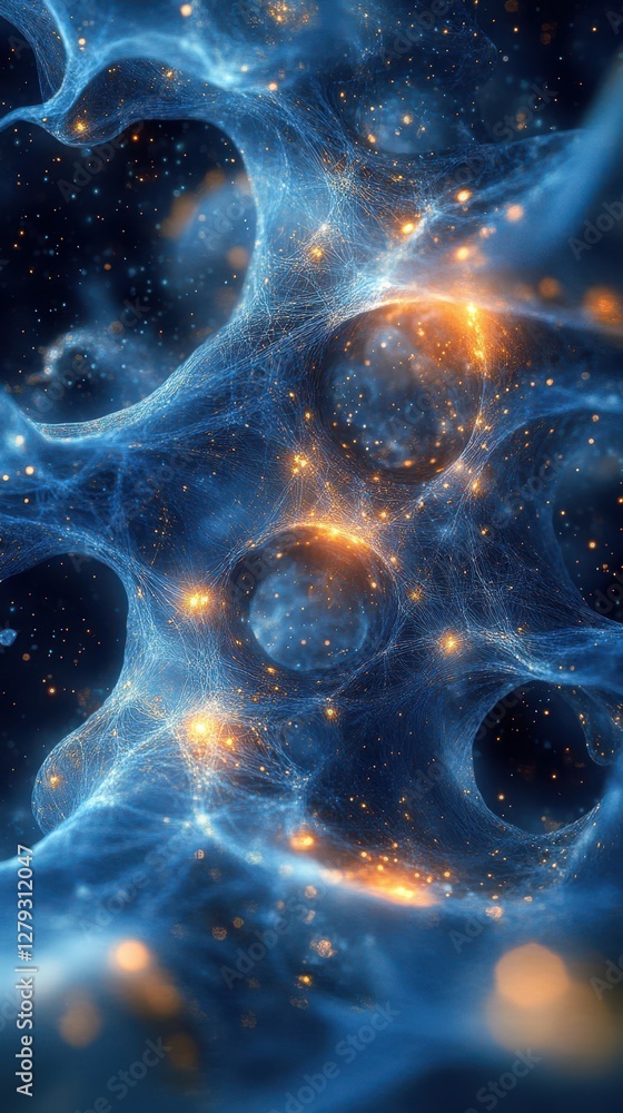 Poster exploring the intricate patterns of cosmic structures illuminated by bright celestial orbs in a vibr