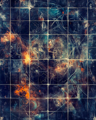Dark Abstract Cosmic Grid Painting with Mysterious Patterns, Fiery Highlights, and an Eerie Atmosphere  