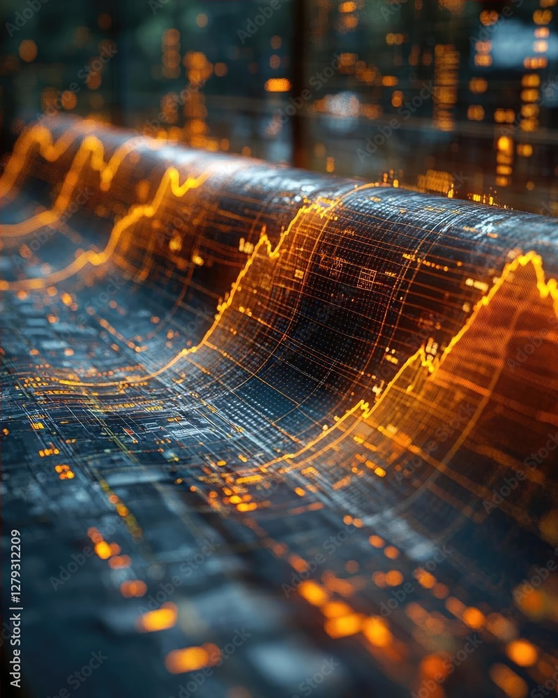 Poster abstract visualization of fluctuating data waves on a futuristic digital surface in a cityscape