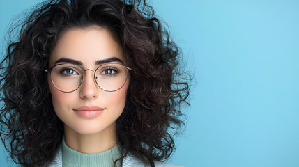 Woman glasses portrait, blue background, professional headshot, website use