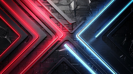 Futuristic image with contrasting red and blue glowing neon lines crossing over a dark textured background, symbolizing dynamic motion, energy, and modern design. Gamer background