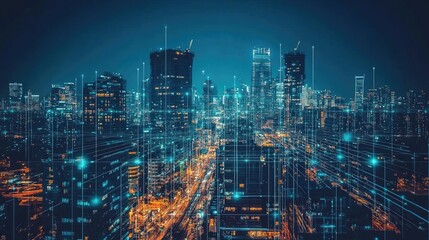 Obraz premium Smart City at Night, A Futuristic Metropolis Illuminated by Digital Networks