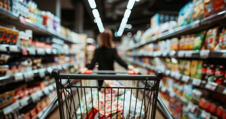 Individual is navigating a grocery store aisle while pushing a shopping cart filled with items