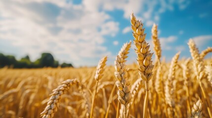 Fototapeta premium Golden Wheat Field Under Blue Sky with Fluffy Clouds