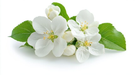 Fototapeta premium Delicate White Apple Blossom Flowers with Fresh Green Leaves