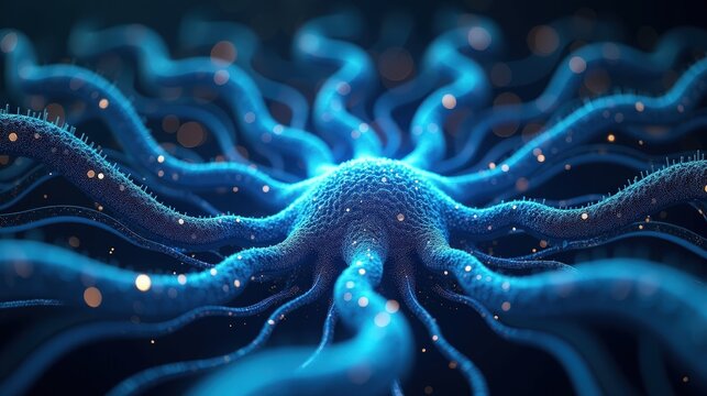 "A glowing neural network in full bloom, branching synapses flowing like a cybernetic tree, electric-blue pathways of data pulsating across an infinite digital grid