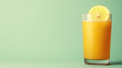 Refreshing orange drink garnished with lemon slice against paste